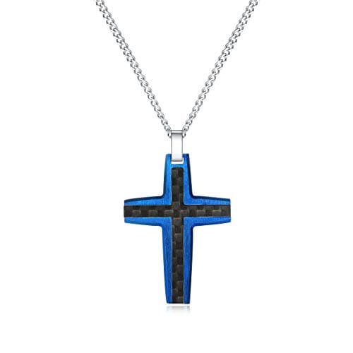Zillaly Men's Stainless Steel Cross Necklace, Two-Tone Black & Blue Pendant - Gift Box Included
