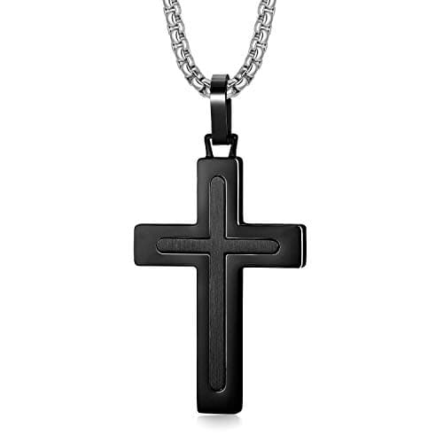 Zillaly Men's Stainless Steel Cross Necklace, Two-Tone Black & Blue Pendant - Gift Box Included