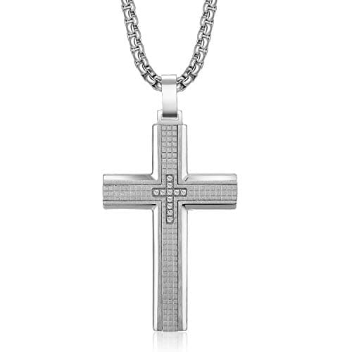 Zillaly Men's Stainless Steel Cross Necklace, Two-Tone Black & Blue Pendant - Gift Box Included