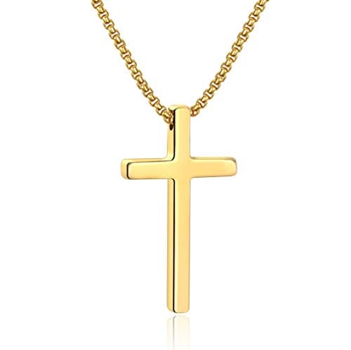 Men's Stainless Steel Cross Pendant Necklace, Silver Black Gold, 16-30 Inches Box Chain