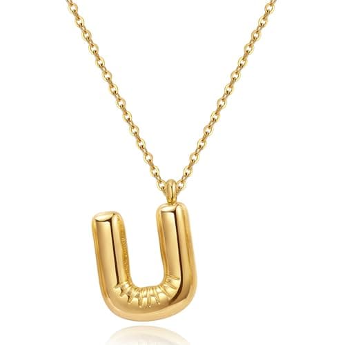 YeGieonr Tarnish-Free Gold Stainless Steel Initial Necklace with Bubble Letter Pendant