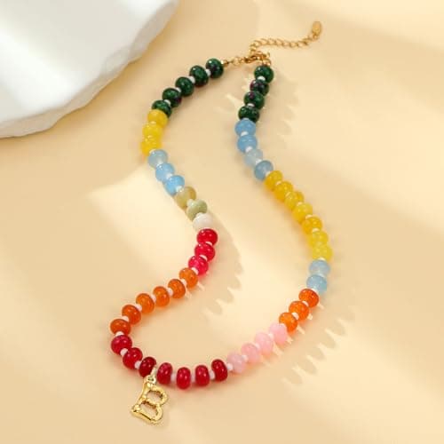 Stylish Handmade Colorful Beaded Choker Necklace with Natural Stone Letter Charm Jewelry for Women