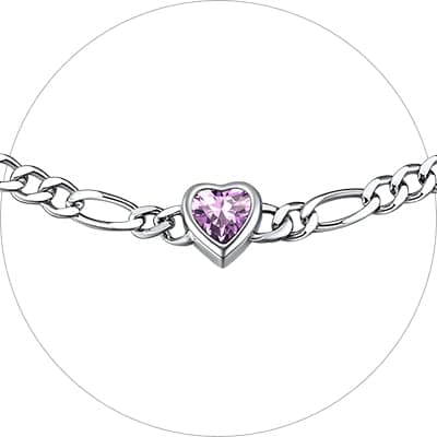 Chic Silver 925 Sterling Heart Birthstone Figaro Anklet for Women (with Gift Box)