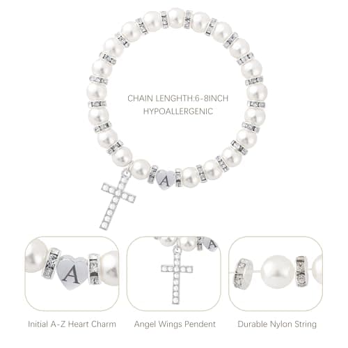 BAYLAY Cross Bracelet & Pearl Initial A-Z for First Communion Girls