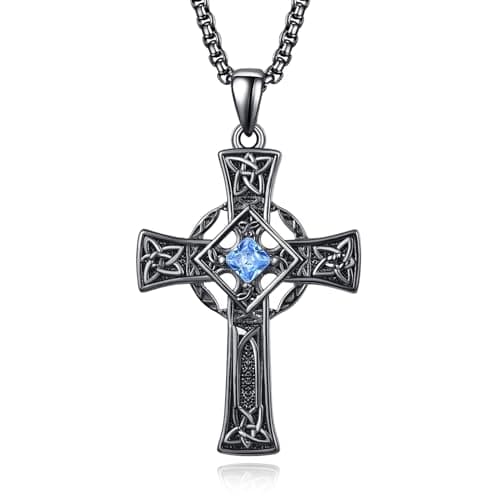 Admetus Sterling Silver Celtic Cross Necklace for Men with Birthstone Chain