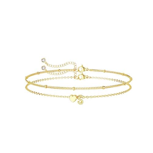 DearMay Dainty Heart Initial Gold Bracelets for Women Trendy 14K Real Gold Jewelry