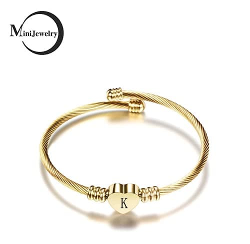 MiniJewelry Gold Love Heart Cuff Bracelet A to Z for Women