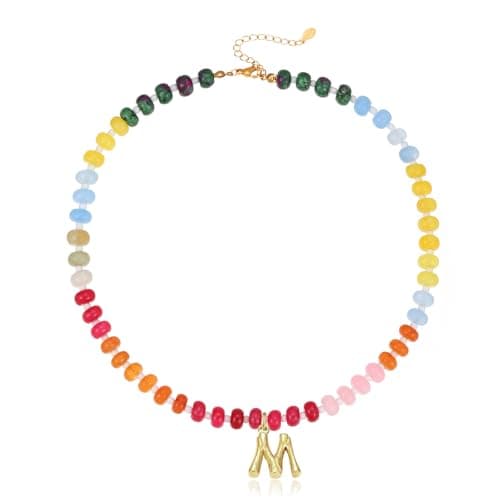 Stylish Handmade Colorful Beaded Choker Necklace with Natural Stone Letter Charm Jewelry for Women