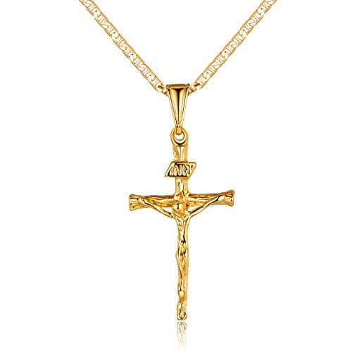 Barzel Cross Necklace 18K Gold Plated Flat Chain for Men & Women