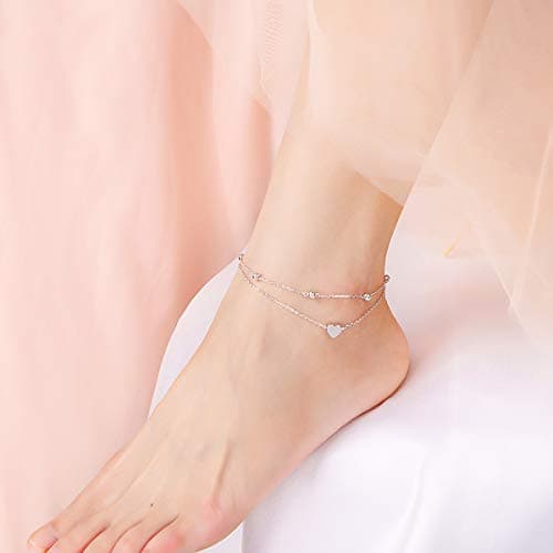 Flyow Sterling Silver Heart Charm Adjustable Anklet for Women