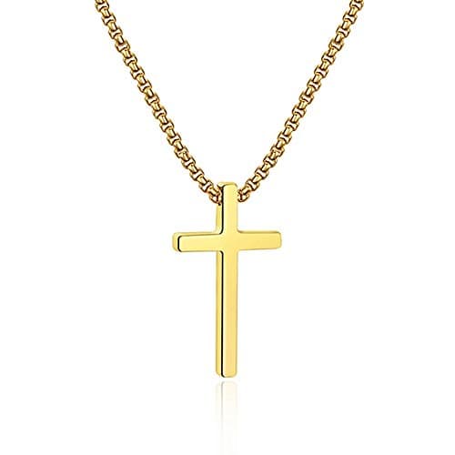 IEFSHINY Men's Stainless Steel Cross Pendant Necklaces, 16-30 Inches Gold/Silver/Black