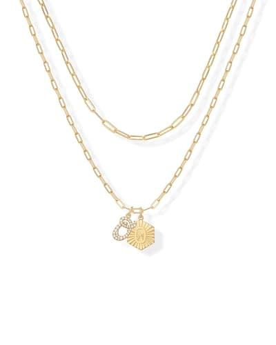 PavoI 14K Gold Plated Hexagon Initial Pendant Layered Necklace for Women | Paperclip Chain