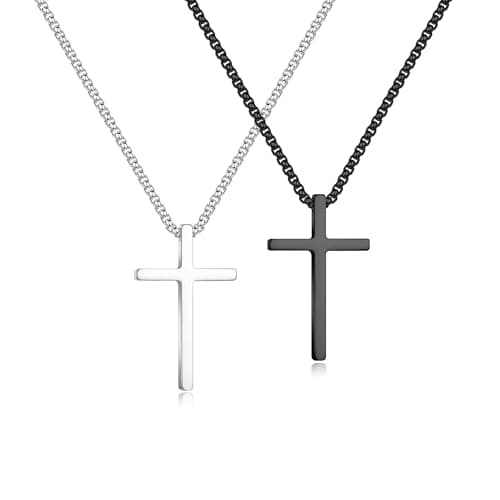Men's Stainless Steel Cross Pendant Necklace, Silver Black Gold, 16-30 Inches Box Chain