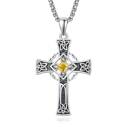 Admetus Sterling Silver Celtic Cross Necklace for Men with Birthstone Chain