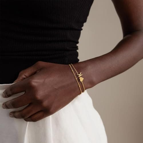 Initial Heart Gold Bracelets - Layered Beaded Charm Gifts for Women