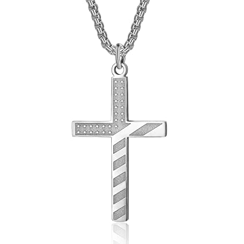 ZRAY American Flag Cross Necklace - Patriotic Stainless Steel Chain Gift for Dad
