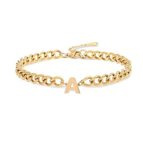 Jwicklirrng Men's 18K Gold Plated Letter Charm Bracelet A-ZAdjustable Cuban Chain for Boyfriend or Father