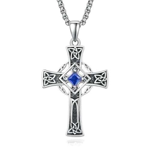 Admetus Sterling Silver Celtic Cross Necklace for Men with Birthstone Chain
