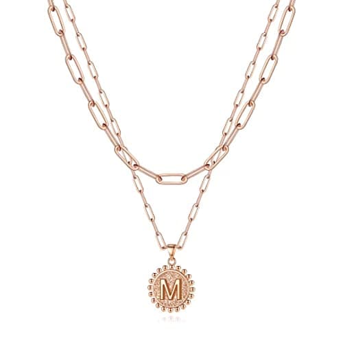Ursteel Layered Initial Necklaces for Women - 14K Gold Plated Paperclip Chain with Coin Pendant
