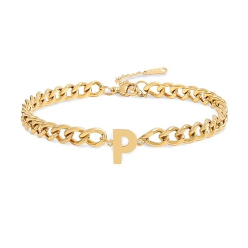 Jwicklirrng Men's 18K Gold Plated Letter Charm Bracelet A-ZAdjustable Cuban Chain for Boyfriend or Father