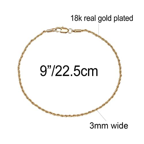 Kelistom 18K Gold Plated Rope Chain Anklet, 3mm SS Bracelet, 9-11 inches