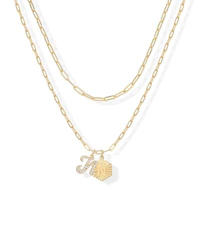 PavoI 14K Gold Plated Hexagon Initial Pendant Layered Necklace for Women | Paperclip Chain