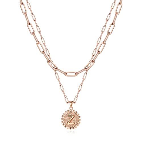 Ursteel Layered Initial Necklaces for Women - 14K Gold Plated Paperclip Chain with Coin Pendant