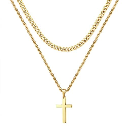 Ursteel Men's Layered 18K Gold Tone Cross Chain Necklace 16-24 Inch