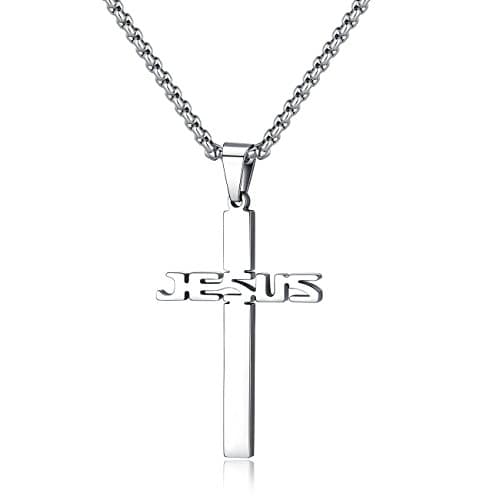 Stainless Steel Jesus Cross Pendant Necklace for Men & Women, 20-24 Inches Rolo Chain, Christian Gifts