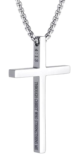 XOYOYZU Men's Christmas Cross Necklace Strength Bible Verse Pendant