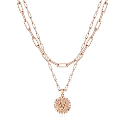 Ursteel Layered Initial Necklaces for Women - 14K Gold Plated Paperclip Chain with Coin Pendant