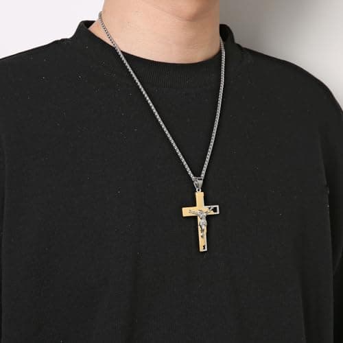HZMAN Men's Stainless Steel Cross Crucifix Prayer Pendant Necklace 22+2" Chain