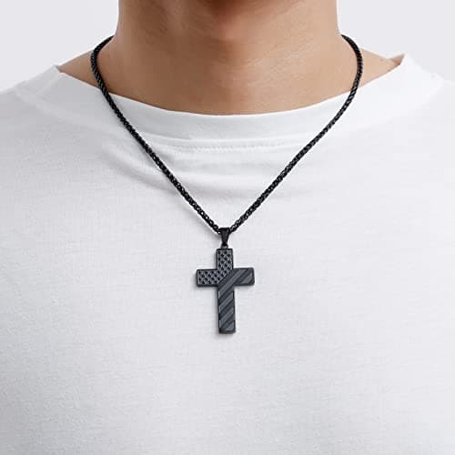DuoDiner Stainless Steel American Flag Cross Necklace Graduation Gift for Men Boys