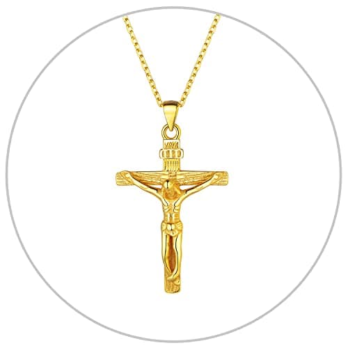 Antique U7 Men's Crucifix Necklace, 18K Gold Tone & Stainless Steel, 22" Chain, Gift Packed
