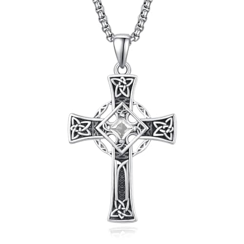 Admetus Sterling Silver Celtic Cross Necklace for Men with Birthstone Chain