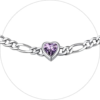 Chic Silver 925 Sterling Heart Birthstone Figaro Anklet for Women (with Gift Box)