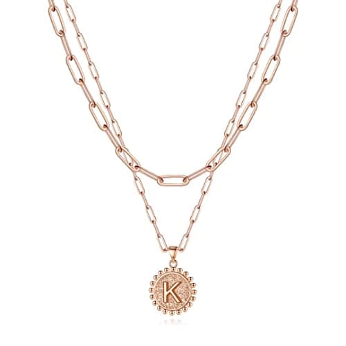 Ursteel Layered Initial Necklaces for Women - 14K Gold Plated Paperclip Chain with Coin Pendant