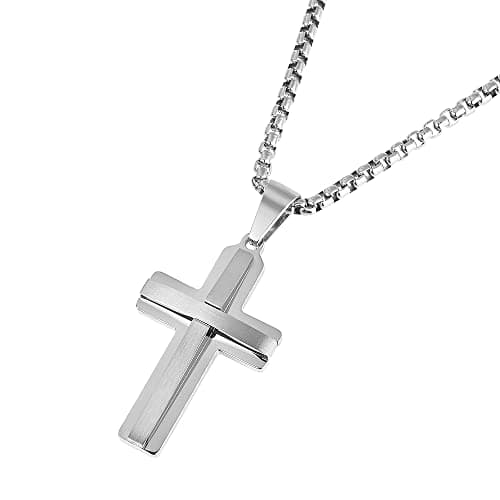 Men's Edforce Stainless Steel Double Layer Cross Pendant Necklace, 24" Chain
