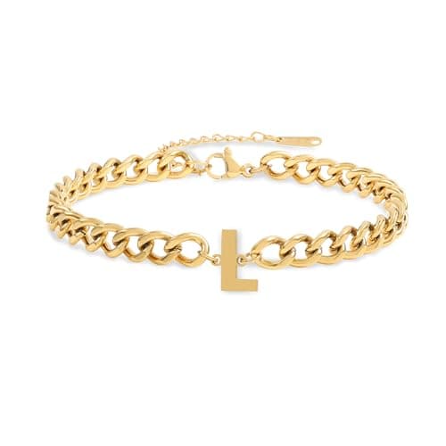 Jwicklirrng Men's 18K Gold Plated Letter Charm Bracelet A-ZAdjustable Cuban Chain for Boyfriend or Father