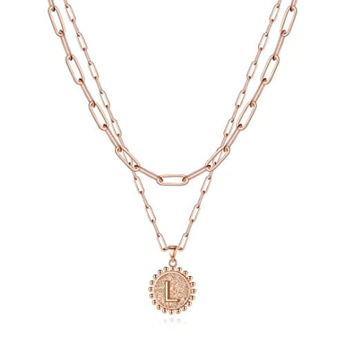 Ursteel Layered Initial Necklaces for Women - 14K Gold Plated Paperclip Chain with Coin Pendant