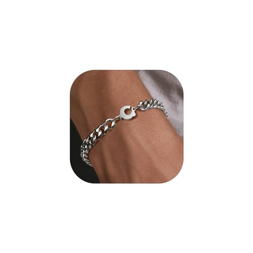 Stainless Steel Initial Bracelet for Men - Dainty Silver Cuban Link