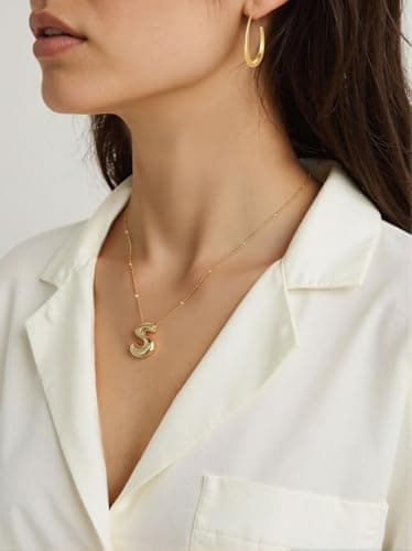 Moiegouct 14K Gold Plated 3D Initial Necklace with Beaded Chain Personalized Jewelry for Women