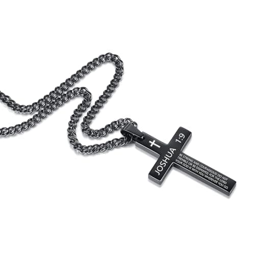 Stainless Steel Cross Necklace for Men, Black Silver Pendant, Inspirational Bible Verse Gift