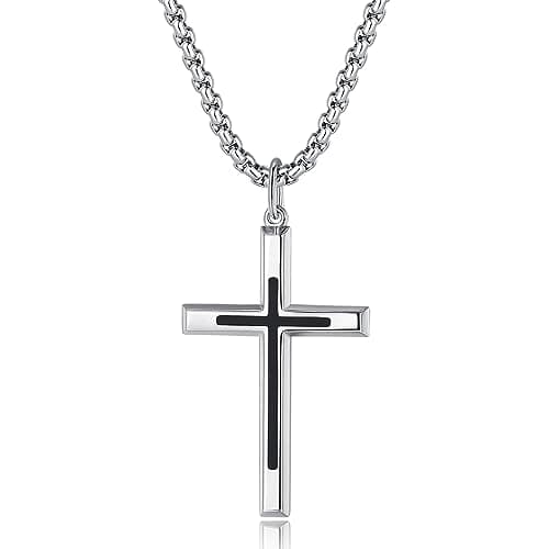FANCIME Black Cross Sterling Silver PendantLong NecklaceFine Jewelry Stainless Steel Box Chain 24"