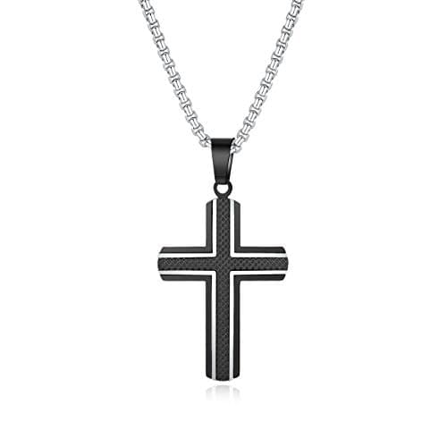 Zillaly Men's Stainless Steel Cross Necklace, Two-Tone Black & Blue Pendant - Gift Box Included
