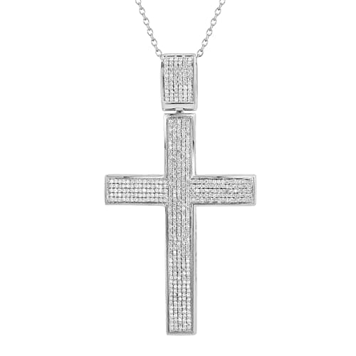 1.00 Carat Round White Diamond Cross Pendant for Unisex with Silver Chain
