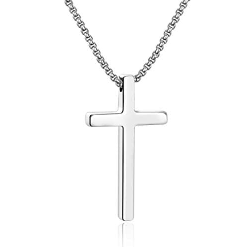 Men's Stainless Steel Cross Pendant Necklace, Silver Black Gold, 16-30 Inches Box Chain