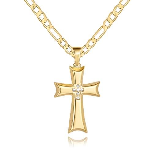 AIGAMIT Men's 14K Gold Cross Necklace with Cubic Zirconia 20/22/24in