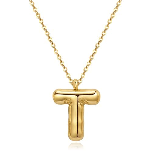 YeGieonr Tarnish-Free Gold Stainless Steel Initial Necklace with Bubble Letter Pendant