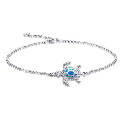 PUPILLEMON Blue Opal Sea Turtle Anklet, Women's Sterling Silver Jewelry (Large Size)